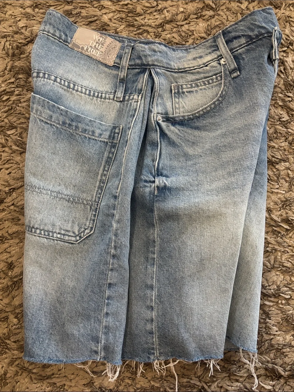 We The Free Boomerang High Rise Long Short Light Wash Frayed Denim Cutoff Shorts